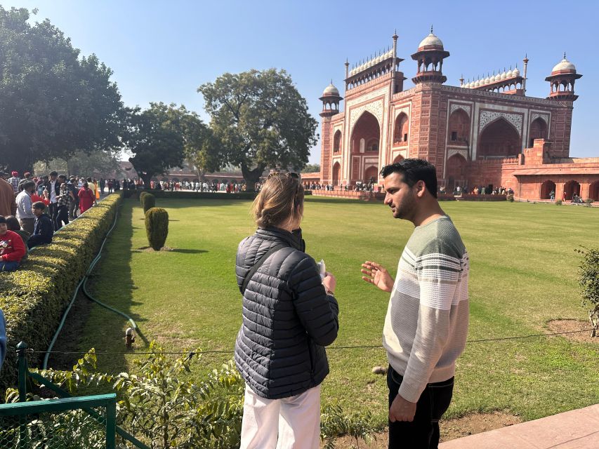 From Delhi: Private Taj Mahal & Agra Tour with 5<em> Lunch – Key points to know before booking’ /></p>
<ul>
<li><strong>Private Delhi pickup and drop-off:</strong> You can arrange collection from a hotel or airport in Delhi, Noida, Gurugram, Ghaziabad, or Faridabad, then return to your preferred location.</li>
</ul>
<ul>
<li><strong>Taj Mahal with a local guide:</strong> Allow about 1.5 hours for the monument, including walking, sightseeing, and an explanation of its design and story.</li>
</ul>
<ul>
<li><strong>Agra Fort adds Mughal context:</strong> The 45-minute guided visit shows you a large sandstone complex with courtyards, gardens, halls, and artwork.</li>
</ul>
<ul>
<li><strong>Baby Taj reveals fine decoration:</strong> Itimad-ud-daulah is a smaller tomb, but its Pietra Dura and inlay work make it an important stop for anyone interested in Mughal art.</li>
</ul>
<ul>
<li><strong>Lunch is an optional upgrade:</strong> The five-star buffet lasts about 45 minutes and is included only with the appropriate package.</li>
</ul>
<ul>
<li><strong>Photography is a real strength:</strong> Several guides, especially Javed Khan and Salim Khan, are praised for finding good viewpoints and taking photos for solo visitors and couples.</li>
</ul>
<h2 id="why-this-private-agra-trip-works-from-delhi">Why this private Agra trip works from Delhi</h2>
<p><img width="852" height="640" decoding="async" src=